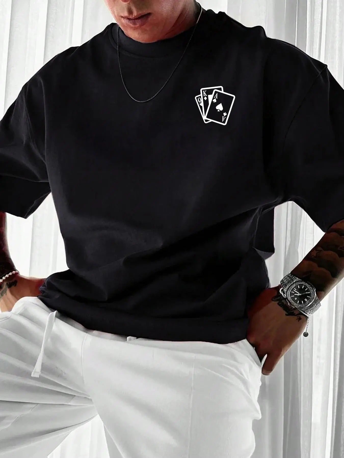 Men's Regular Fit Playing Card Print Drop Shoulder Tee, Casual Short Sleeve Round Neck T-shirt for Summer, Street Fashion...