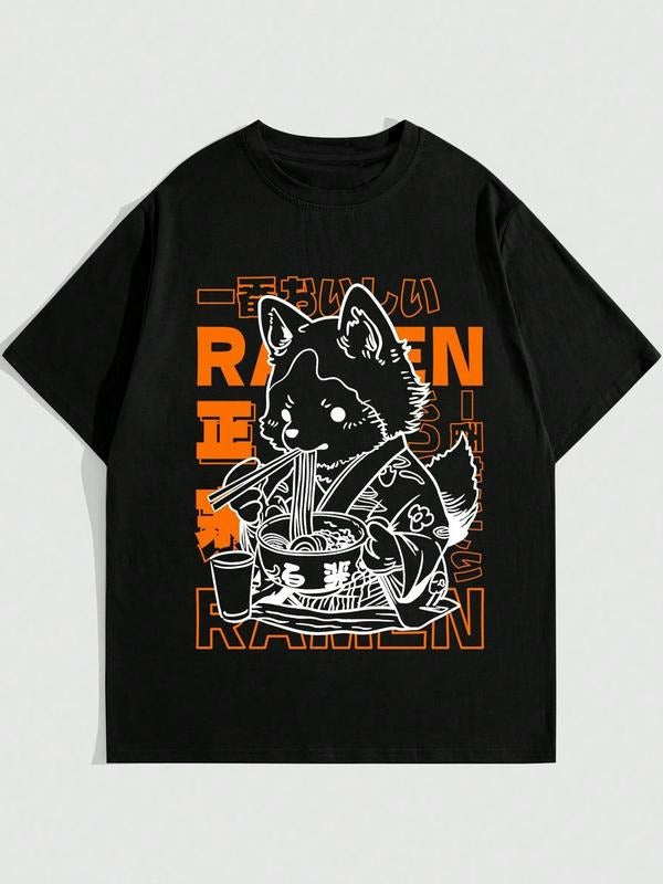 Men's Regular Fit Ramen Graphic Print Round Neck Tee, Casual Short Sleeve T-shirt for Summer, Men's Top for Daily Wear,...