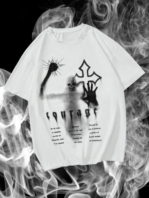 Men's Regular Fit Skull & Cross Print Round Neck Graphic Tee, Casual Short Sleeve Crew Neck T-shirt for Summer, Fashion...