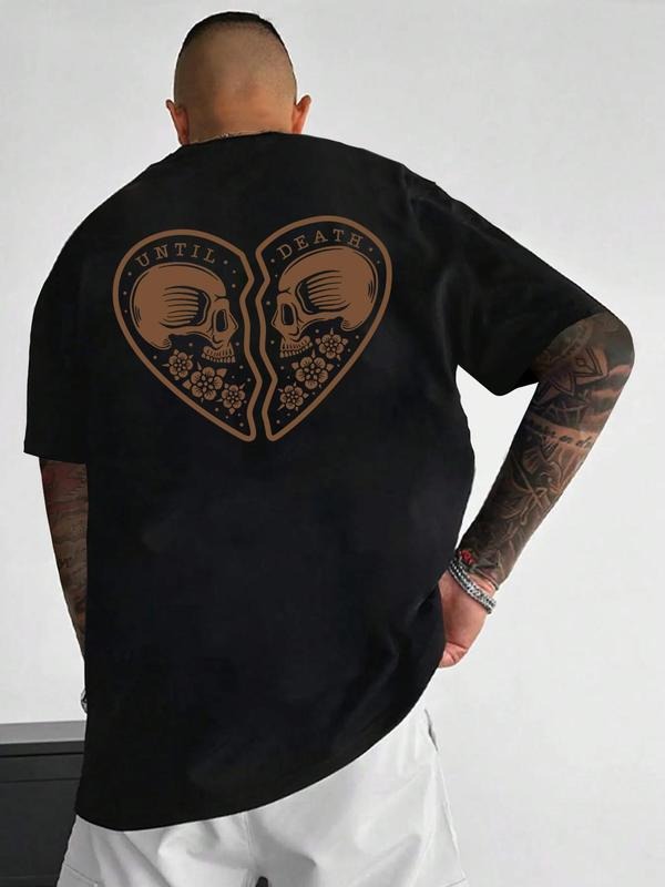 Men's Regular Fit Skull & Heart Print Drop Shoulder Tee, Street Fashion Letter Graphic Round Neck T-shirt for Daily Wear,...
