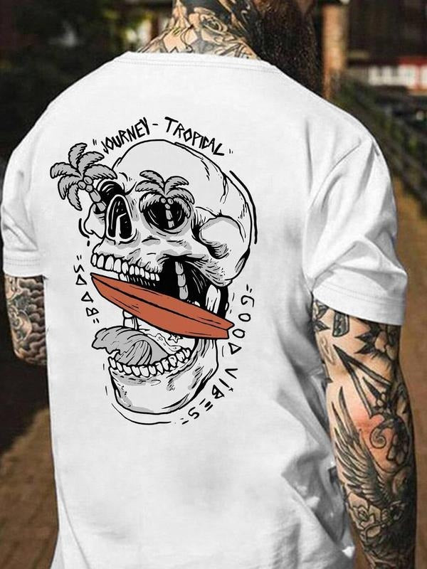 Men's Regular Fit Skull & Palm Tree Print Round Neck Tee, Casual Short Sleeve Crew Neck T-shirt for Summer, Fashion Men's...