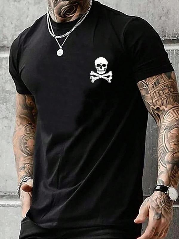 Men's Regular Fit Skull Print Round Neck Tee, Casual Short Sleeve Crew Neck T-shirt for Summer, Fashion Men's Top for...