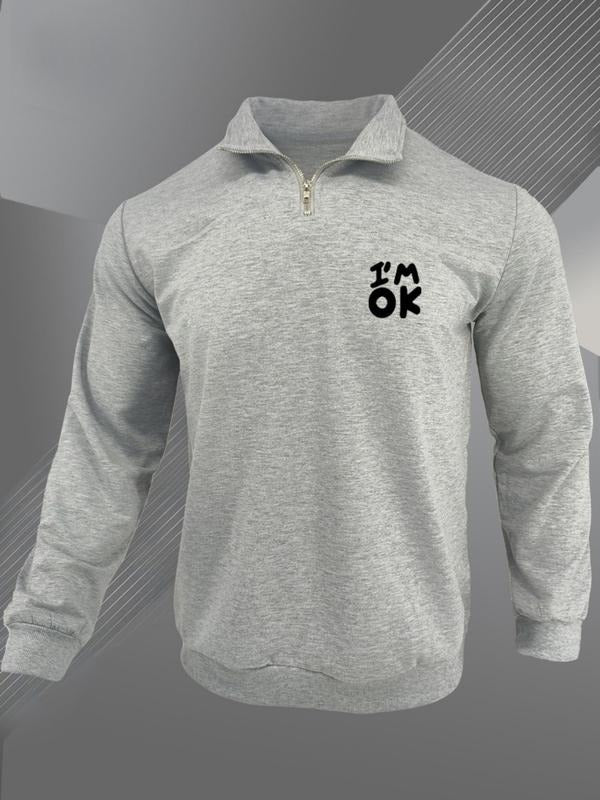Men's Regular Fit Slogan Print Zip Up Sweatshirt, Casual Long Sleeve Stand Collar Pullover for Daily Wear, Fashion Men's...