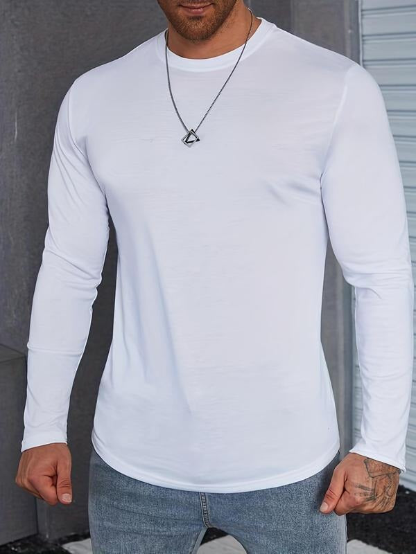 Men's Regular Fit Solid Round Neck Long Sleeve Tee without Necklace, Casual Comfy Crew Neck T-shirt for Spring & Fall,...