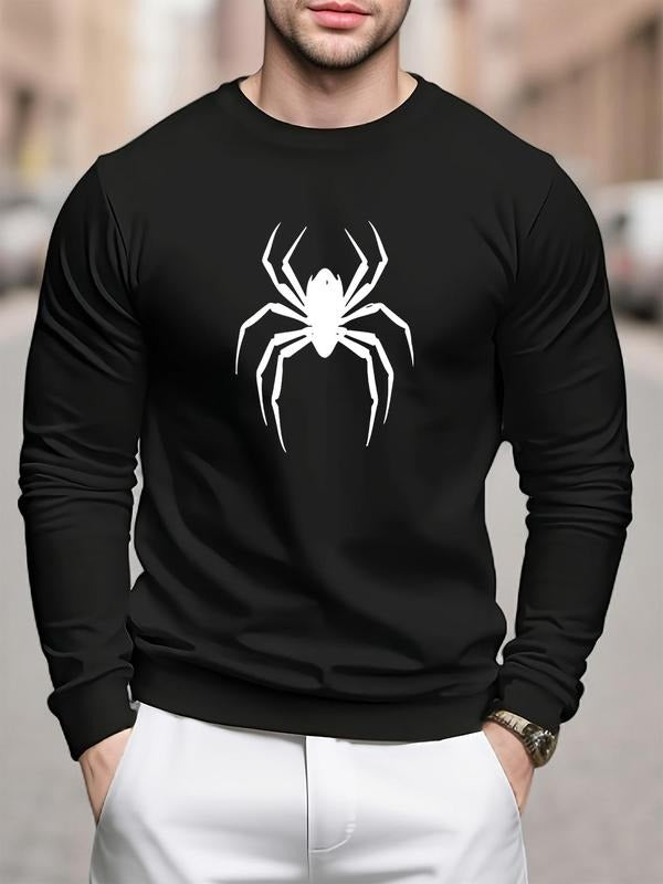 Men's Regular Fit Spider Print Round Neck Sweatshirt, Casual Long Sleeve Crew Neck Pullover for Daily Wear, Fashion Men's...