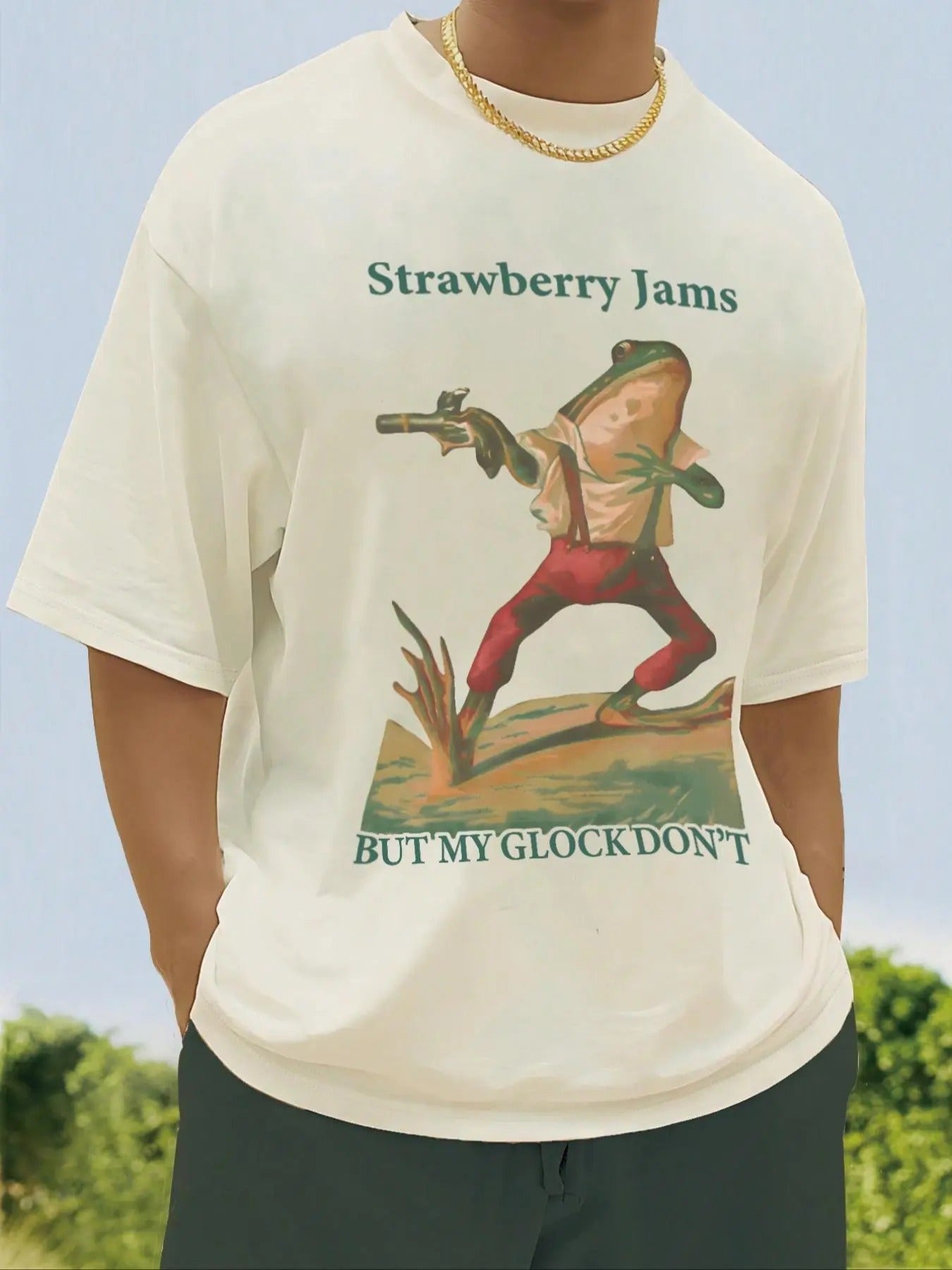 Men's Regular Fit Strawberry Jams But My Glock Don't T-Shirt, Casual Funny Graphic Round Neck Tee for Summer, Fashion...