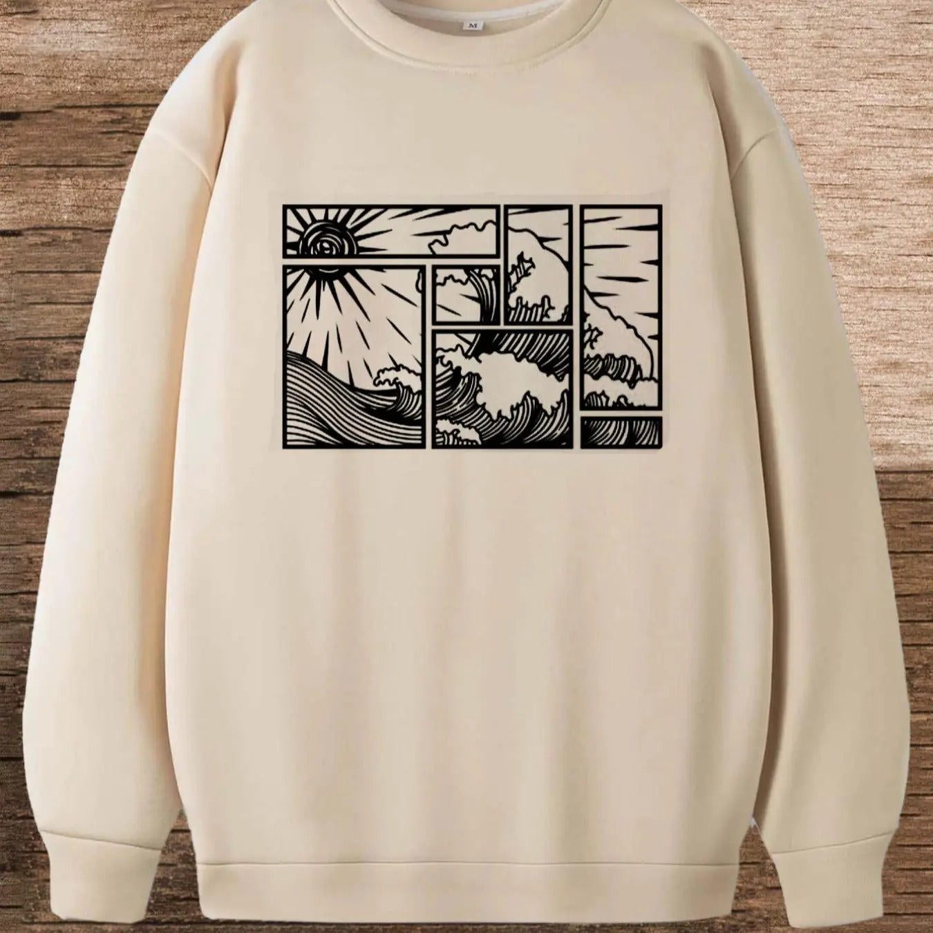Men's Regular Fit Sun & Wave Print Drop Shoulder Lounge Sweatshirt, Casual Long Sleeve Round Neck Lounge Pullover for...