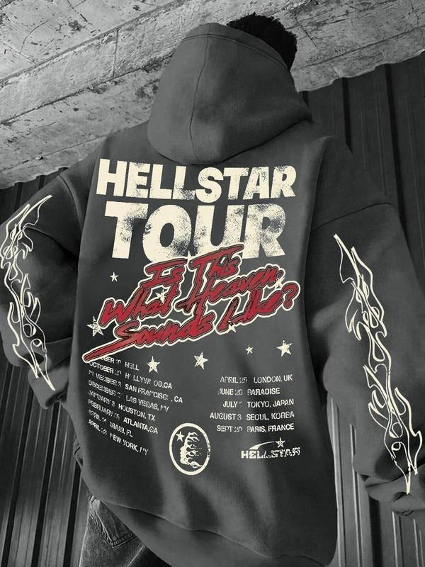Men's Retro Street Style Letter Graphic Print Drop Shoulder Fuzzy Hoodie, Thermal Warm Regular Fit Street Fashion...