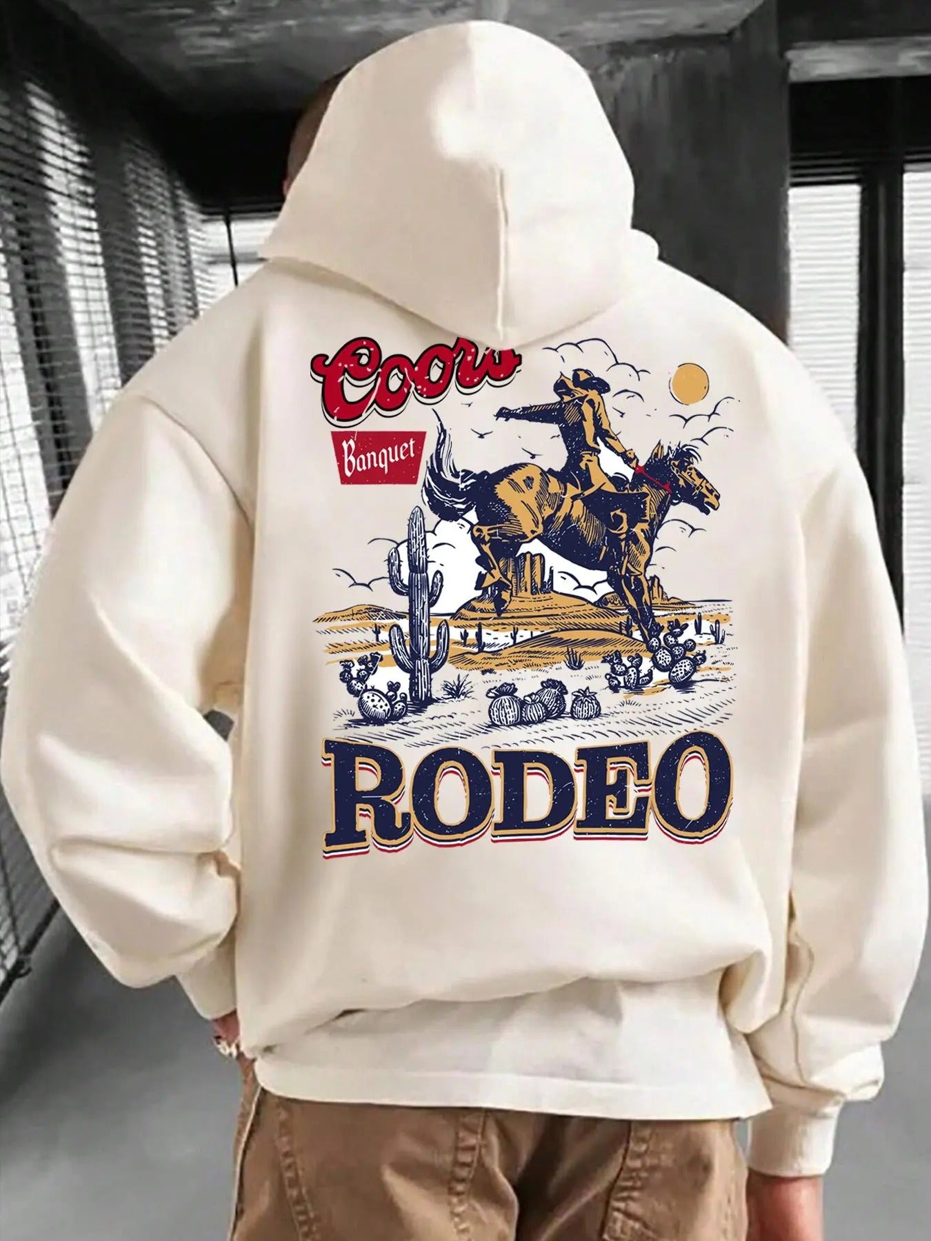 Men's Rodeo & Letter Print Drop Shoulder Hoodie, Fashion Casual Loose Drawstring Pocket Hooded Sweatshirt for Daily...