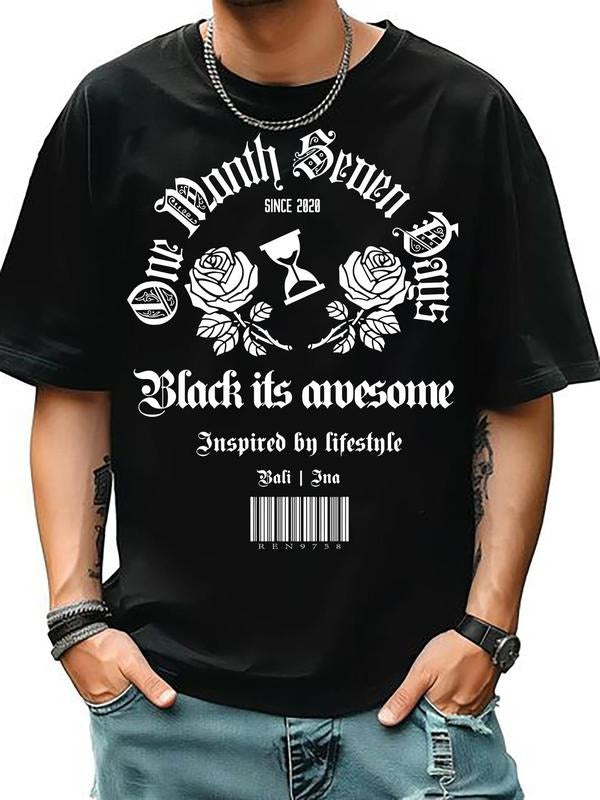 Men's Rose & Letter Print Round Neck Tee, Casual Short Sleeve T-shirt for Summer, Streetwear, Men's Regular Fit Top for...