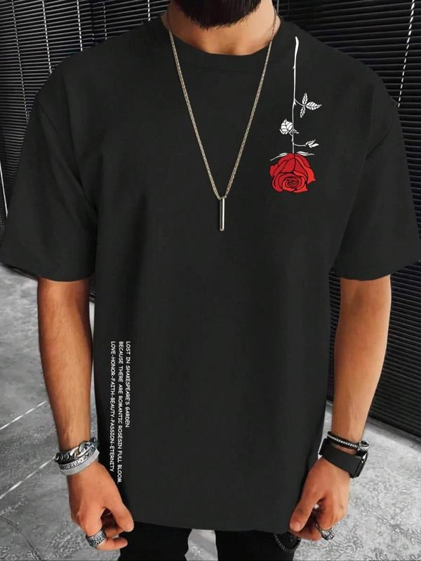 Men's Rose & Letter Print Round Neck Tee, Regular Fit Casual Short Sleeve T-shirt for Summer, Going Out Outfits, Men's...