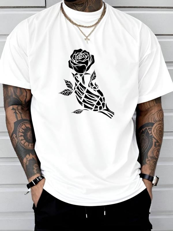 Men's Rose Print Round Neck Tee, Regular Fit Casual Short Sleeve Crew Neck T-Shirt for Daily Wear, Fashion Men's Top for...
