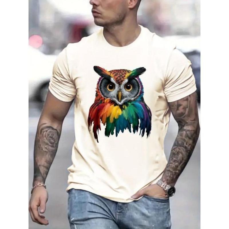 Men's Simple Style Owl Print Round Crew Neck Short Sleeve Tee, Casual Comfy Breathable Fashion Regular Fit T-Shirt for...