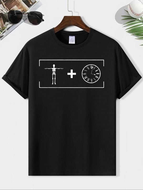 Men's Skeleton & Clock Print Round Neck Tee, Loose Casual Fashion Short Sleeve T-shirt for Summer, Men's Top for Daily...