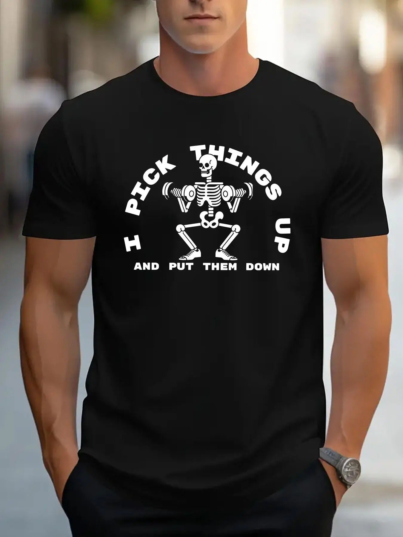 Men's Skeleton & Letter Print Round Neck Tee, Loose Casual Short Sleeve T-shirt for Summer, Men's Top for Daily Wear...