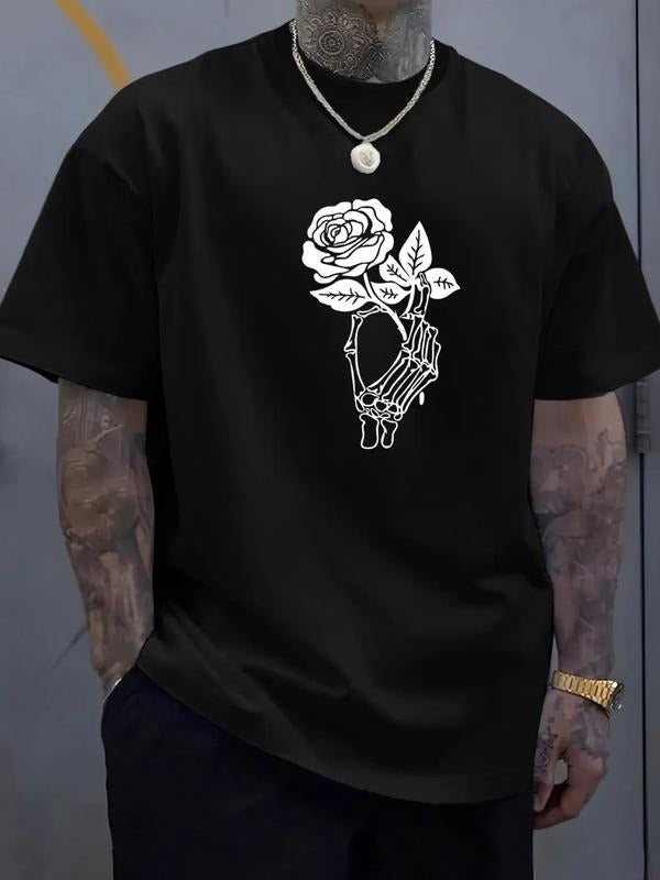 Men's Skeleton Hand & Rose Print Short Sleeve Graphic Tee, Regular Fit Casual Comfy Round Neck T-shirt for Daily Wear,...