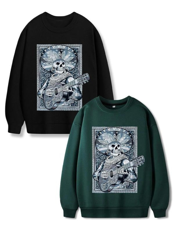 Men's Skull & Guitar Print Round Neck Sweatshirt, Loose Casual Fashion Long Sleeve Pullover for Fall & Winter, Men's Top...