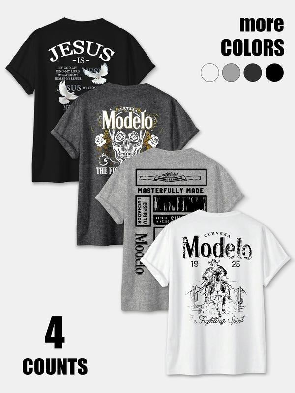 Men's Skull & Letter Print Round Neck Tee, Loose Casual Short Sleeve T-shirt for Summer, Men's Top for Daily Wear,...