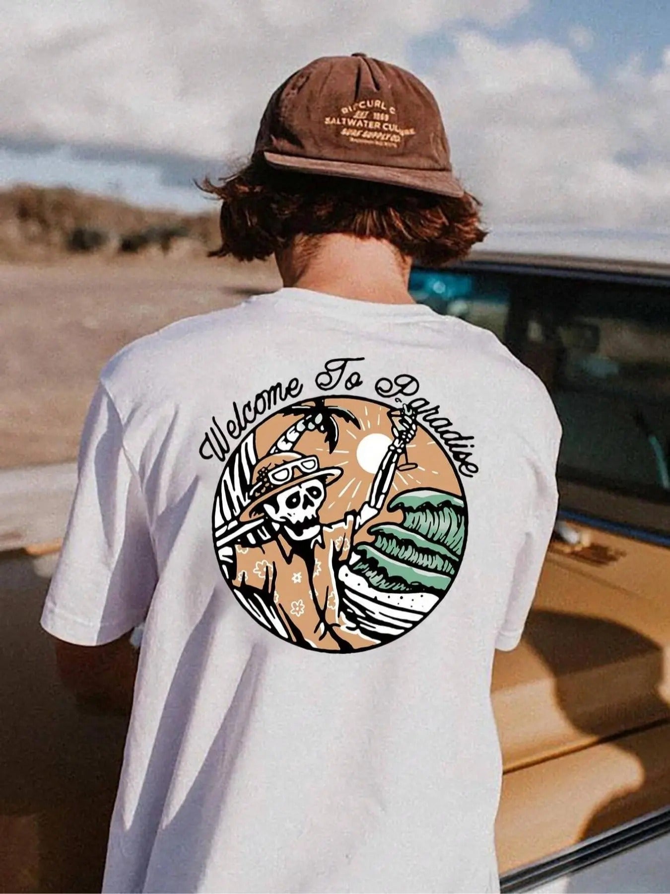 Men's Skull & Mountain Print Round Neck Graphic Tee, Loose Casual Short Sleeve T-shirt for Summer, Men's Top for Daily...