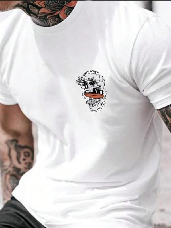 Men's Skull & Palm Tree Print Round Neck Tee, Loose Casual Short Sleeve T-shirt for Summer, Men's Top for Daily Wear,...