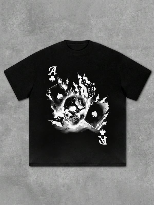 Men's Skull & Playing Card Print Round Neck Tee, Loose Casual Short Sleeve T-shirt for Summer, Men's Top for Daily Wear,...
