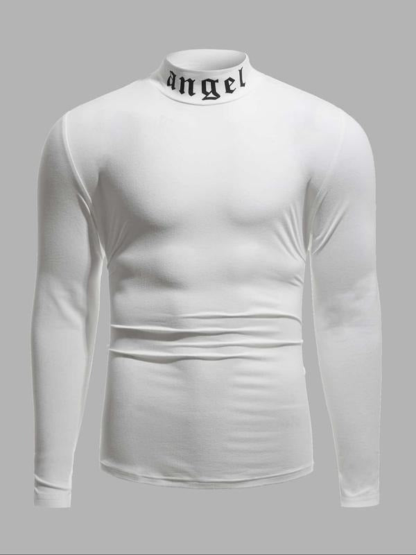 Men's Slim Letter Print Mock Neck Tee, Casual Long Sleeve T-Shirt for Spring & Fall, Men's Top for Daily Wear Hoodie,...