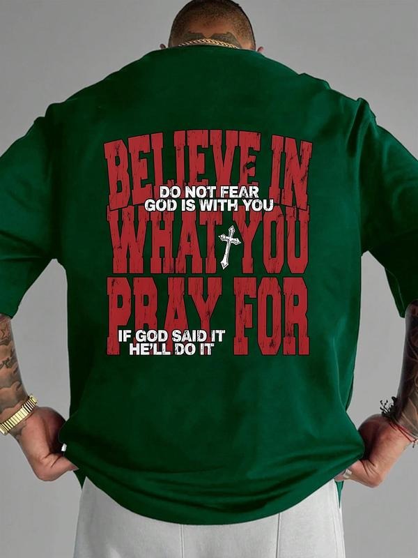 Men's Slogan & Cross Print Round Neck Tee, Regular Fit Casual Short Sleeve T-shirt, Men's Summer Top for Daily Wear...