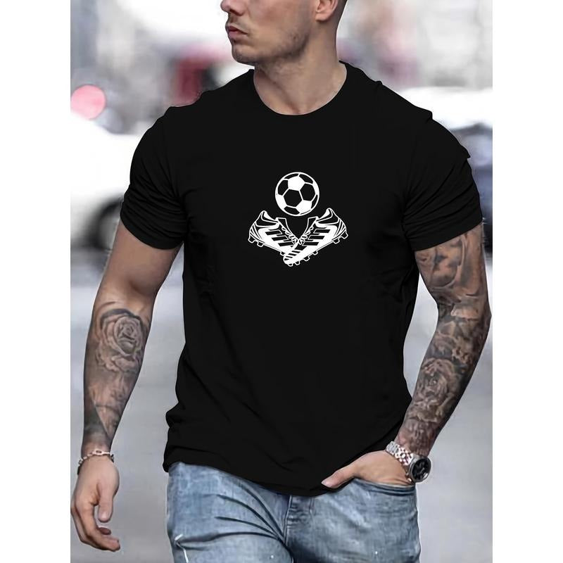 Men's Soccer Ball and Cleats Graphic T-Shirt - 100% Cotton Casual Crew Neck Tee with Slight Stretch - Basic Solid Color...
