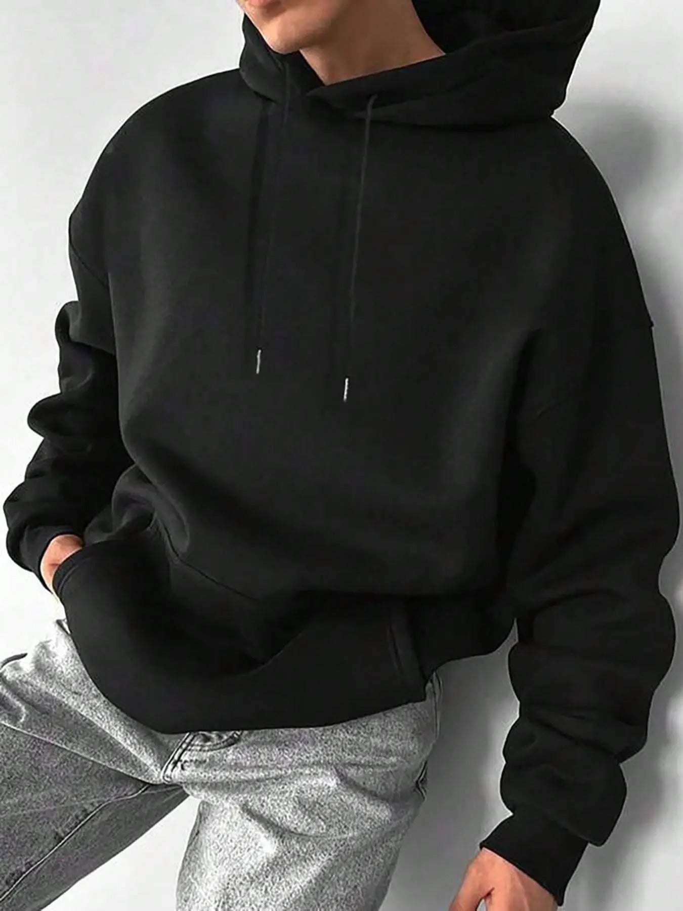 Men's Solid Drop Shoulder Hoodie, Fashion Casual Regular Fit Drawstring Pocket Hooded Sweatshirt for Daily Holiday...
