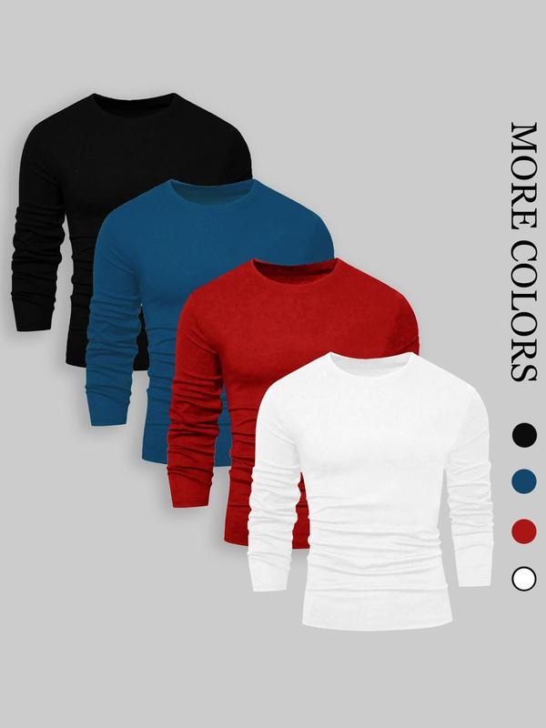 Men's Solid Round Neck Tee, Casual Long Sleeve Crew Neck T-Shirt for Fall & Winter, Men's Top for Daily Wear Hoodie,...