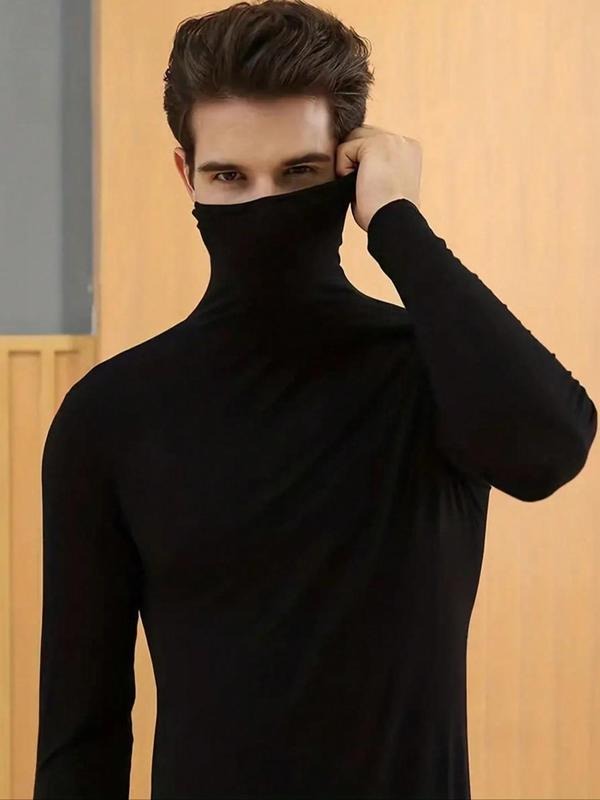 Men's Solid Turtle Neck Long Sleeve Tee, Casual Comfy Warm Tight Sleeve T-shirt for Spring, Men's Top for Daily Wear...