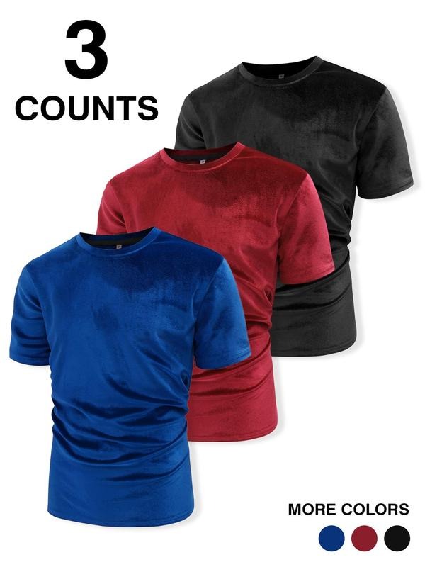 Men's Solid Velvet Tee, Regular Fit Casual Short Sleeve T-shirt for Summer, Men's Top for Daily Wear Hoodie, Sweatshirt
