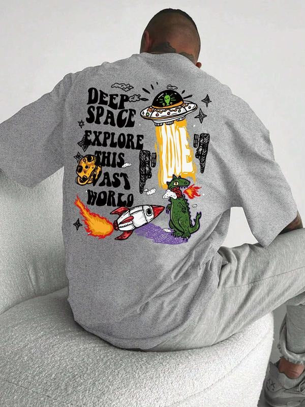 Men's Space Alien & Letter Graphic Drop Shoulder Tee, Casual Comfy Regular Fit  Half Sleeve T-shirt for Summer, Fashion...