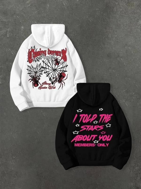 Men's Spider Web & Slogan Print Drawstring Hoodie, Casual Regular Fit Pocket Long Sleeve Hooded Sweatshirt, Men Clothes...