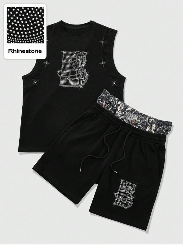 Men's Square Ace Print T-Shirt and Drawstring Shorts Set, Comfortable Round Neck Tee with Pockets, Suitable for All...