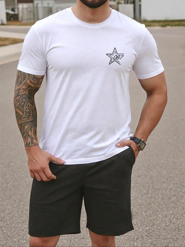 Men's Star Print Tee & Shorts Set, Regular Fit Casual Short Sleeve T-shirt & Track Shorts, Men's Summer Clothes Hoodie,...