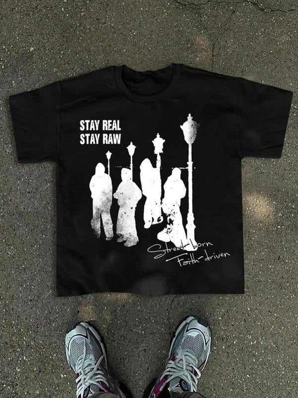 Men's Stay Real Stay Raw Print Graphic Round Neck Tee, Loose Casual Short Sleeve T-shirt for Summer, Men's Top for Daily...