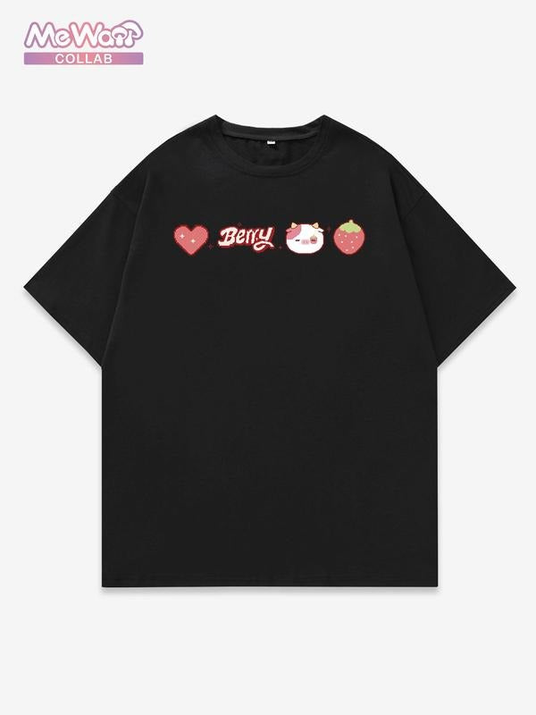 Men's Strawberry & Cow Print Round Neck Tee, Regular Fit Casual Short Sleeve T-shirt for Daily Wear, Men's Top for...