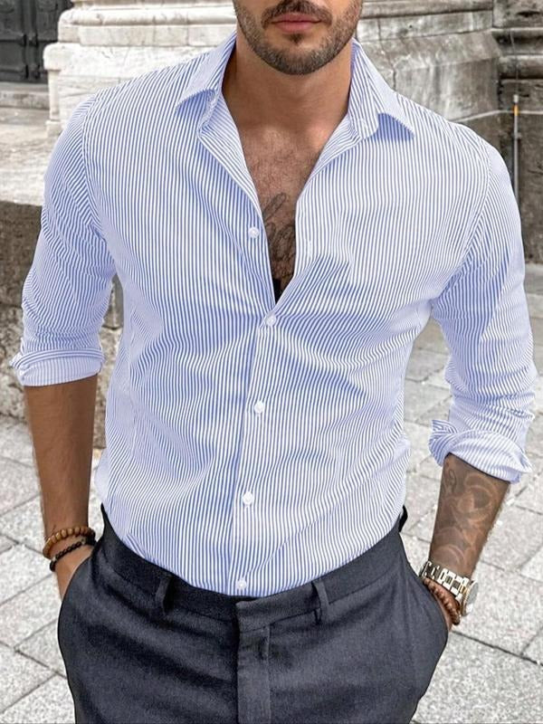 Men's Striped Print Short Sleeve Shirt, Regular Fit Casual Business Collared Button Top for Work Office, Men's Summer...