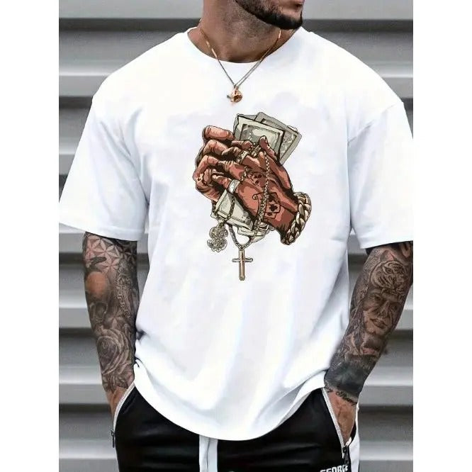 Men's Summer Casual Hand Gesture Cross Print Short Sleeve T-Shirt Made In USA Hoodie, Sweatshirt | HypeDripTees.com