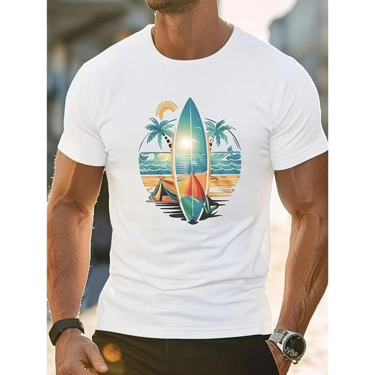 Men's Summer Fashion Crew Neck Short Sleeve Polyester T-Shirt - Trendy Surfboard Print Casual Sports Top Made in USA