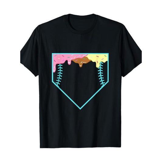 , Men's T-Shirt 100% Cotton Vibrant Cartoon Print Short Sleeve Tee Funny Home Plate Drip - Ice Cream Softball & Baseball T-Shirt, Men's T-shirt made in usa