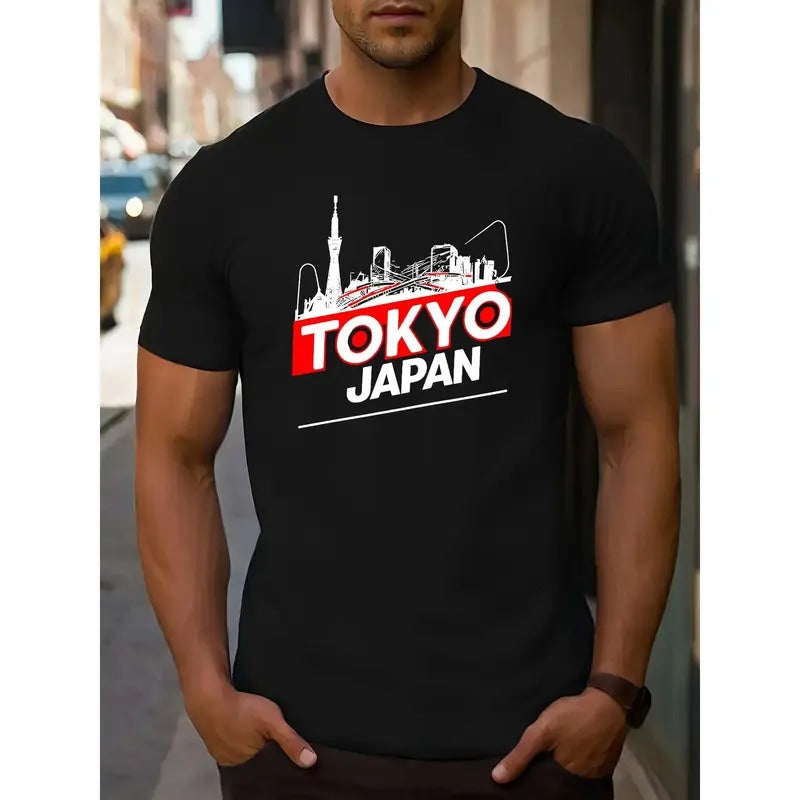 Men's Tokyo Japan Graphic T-Shirt Casual Crew Neck Short Sleeve Knit Top with Slight Stretch