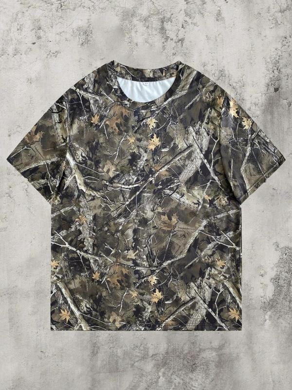 Men's Tree Graphic Print Round Neck Tee, Loose Casual Camo Short Sleeve T-shirt for Summer, Men's Top for Daily Wear...