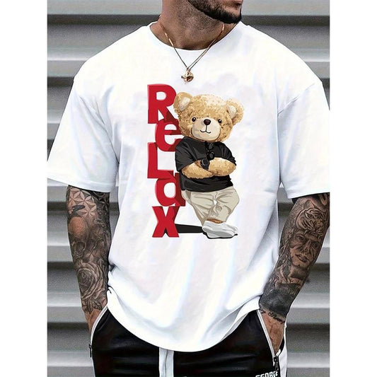 Men's Trendy Bear Print Short Sleeve T-Shirt - Comfortable Cotton Blend, Round Neck, Machine Washable for Summer, Leisure Style, Conventional Version, Summer Made in USA