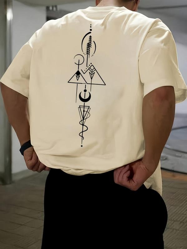 Men's Triangle & Moon Print Round Neck Tee, Loose Casual Short Sleeve T-shirt for Summer, Men's Top for Daily Wear...