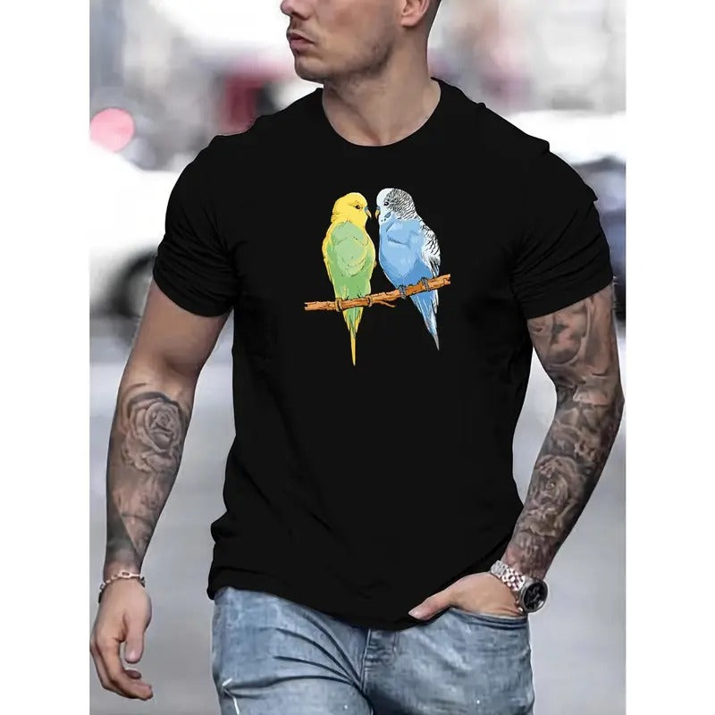 Men's Two Birds Standing Pattern Print Tee Shirt, Tees For Men, Casual Short Sleeve T-shirt For Summer Made in USA...