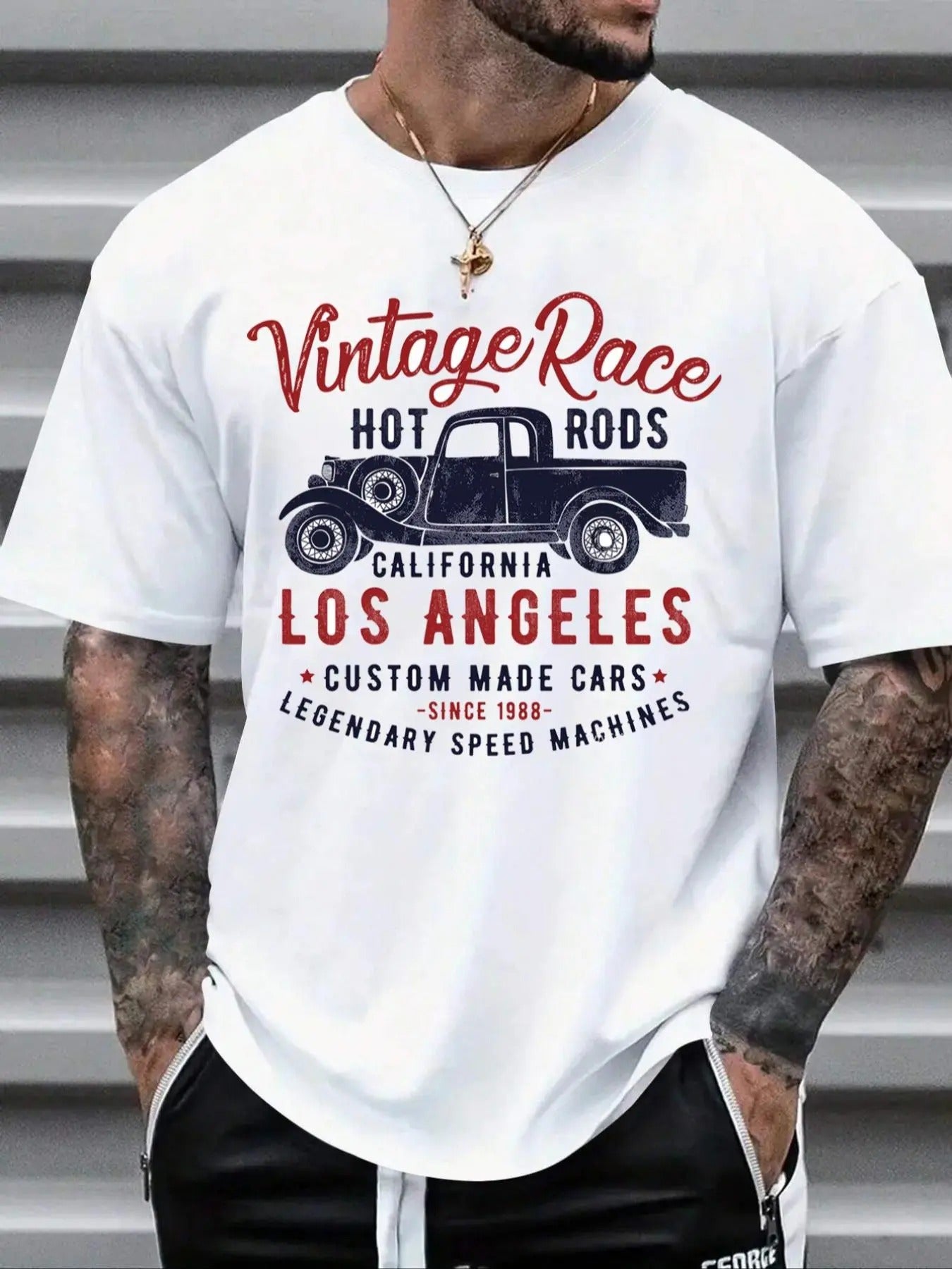 Men's Vintage Car Graphic Print Round Neck Tee, Loose Casual Short Sleeve T-shirt for Summer, Men's Top for Daily Wear...