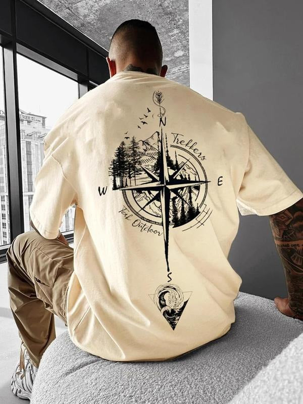 Men's Vintage Compass & Mountain Print Short Sleeve Graphic Tee, Regular Fit Casual Comfy Round Neck T-shirt for Daily...