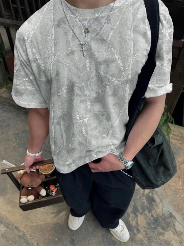 Men's Vintage Tree Print Short Sleeve T-Shirt, Light Loose Fit Casual Outdoor Top, Oversized Natural Texture Tee for...